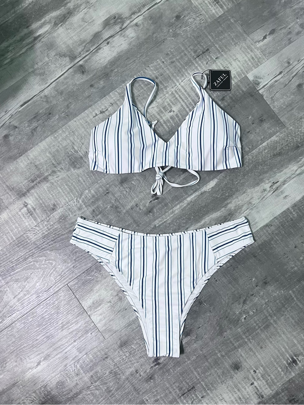 Zaful White Bikini with Navy and Light Blue Stripes